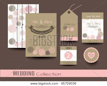 Set Of Wedding Cards. Wedding Invitations, Thank You Card, Save The Date Card, Table Card