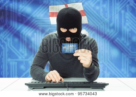 Hacker Holding Credit Card And Canadian Province Flag On Background - Alberta