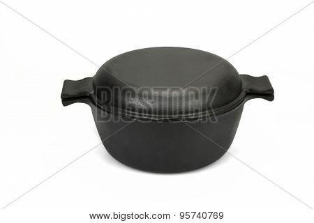 High Angle View On The Closed Cast Iron Pan Isolated