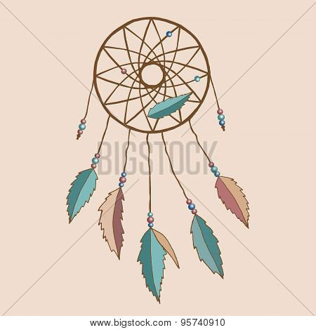 Beautiful indian dreamcatcher with feathers and beads.