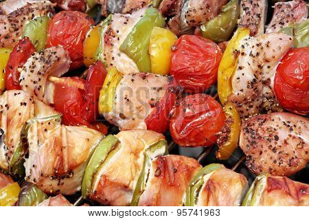 Assorted Roasted Meat With Vegetable On Barbecue Flaming Grill