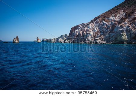 Picturesque Rocks Near Coast Of Island Milos, Greece