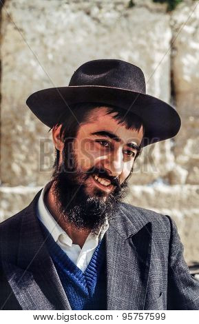 Orthodox Jewish Man Prays At The Western Wall