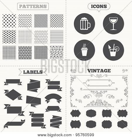 Drinks signs. Coffee cup, glass of beer icons.