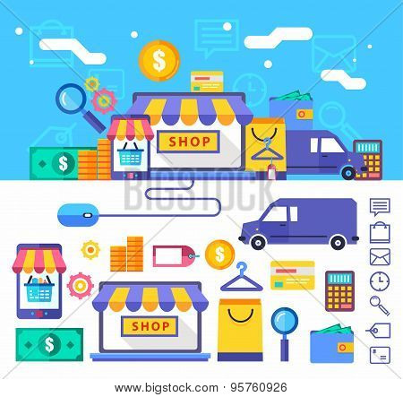 Online Shopping  Vector Collection Concept In Stylish Colors.