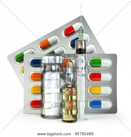 Concept of madicine. Pills, vial, ampoule and syringe isolated on white. 3d