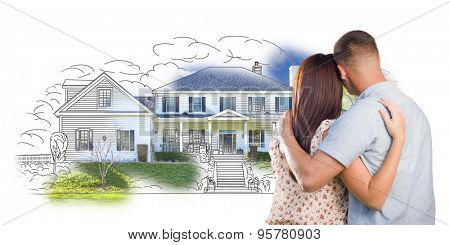 Military Couple Looking At House Drawing and Photo Combination on White.