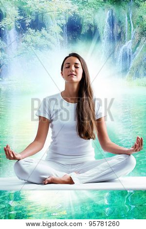 Attractive Young Woman In White Meditating At Lake.