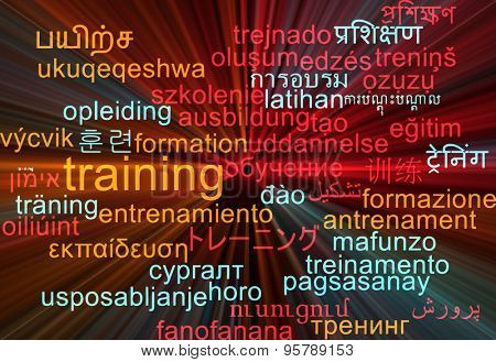 Background concept wordcloud multilanguage international many language illustration of training glowing light