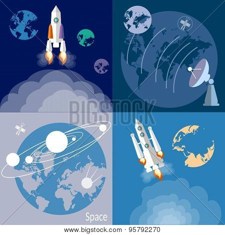 Space And Astronautics, Rockets, Spaceships, Planets, Orbit, Galaxy, Universe, Flat Vector