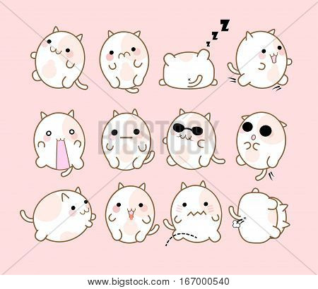 Set 12 cats with different emotions handmade. Cute emoticon cat.
