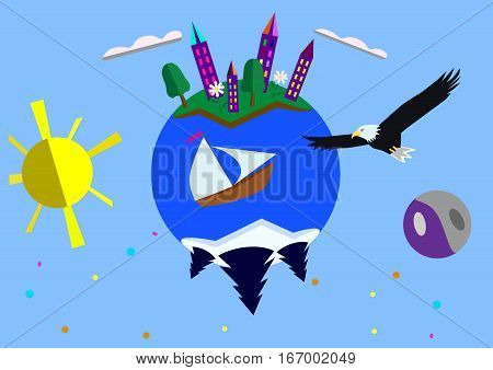 Planet with a soaring eagle, the sun and the ship