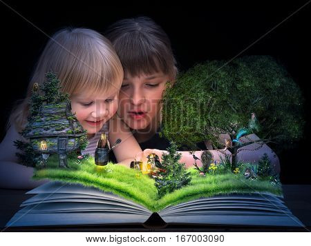 Children see animated tale on the pages of an open book. A magical fairy mermaid a hut on chicken legs the devil and bag of bones