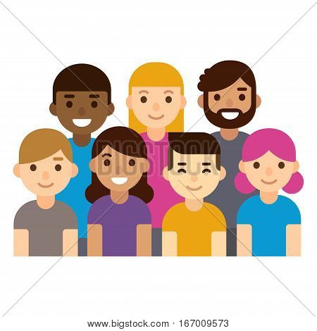 Diverse group of people students or workplace. Cute and simple flat cartoon style. Isolated vector illustration.