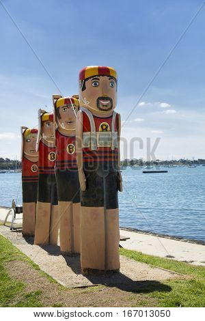 GEELONG, AUSTRALIA - OCTOBER 23, 2016:  Some of the 104 different bollards in Geelong along the baywalk.  All made by Jan Mitchell and represent a chronicle of the city's past.