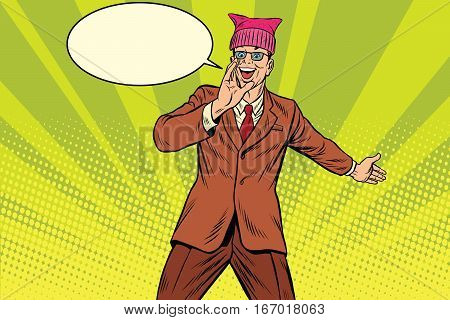 Politician man in a pussyhat campaigning. Retro pop art comic vector illustration