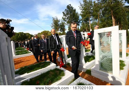 ISTANBUL - FEBRUARY 11: Prime minister Recep Tayyip Erdogan visited Dardanel war monuments and cemetery of soldiers, on 11 February, 2011 in Canakkale, Turkey.