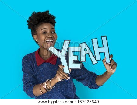 Smiling African Woman Holding Yeah Word