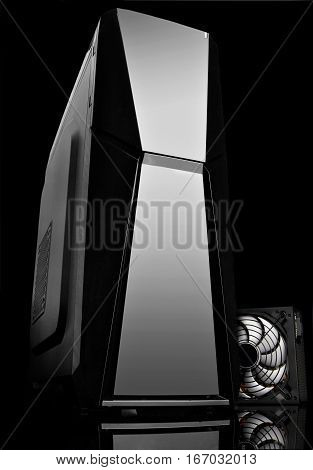 Case Computing System With Power Supply Black On Black Background.concept Computer Hardware
