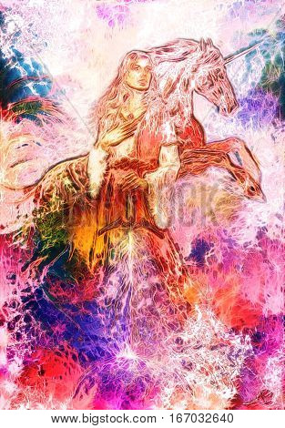heroic woman in medieval dress with sword and unicorn, computer graphic, fire effect