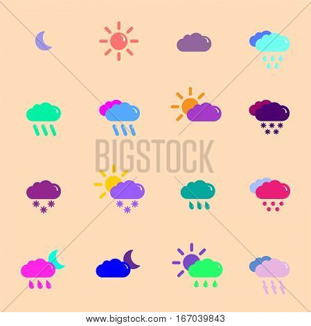 set with different weather icons cloud sun moon rain snow drops