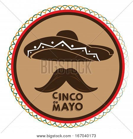 Isolated tag with a silhoette of a mexican hat and a mustache, Cinco de mayo vector illustration