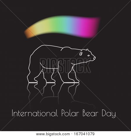 International Polar Bear Day.  A white Ursus maritimus and northern lights.  Vector illustration of aurora in the background.