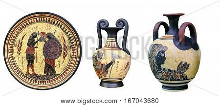 Ancient Greek vases and a plate on a white background. Plate and vase with the image of the goddess Thetis and Achilles. Mythological deities.