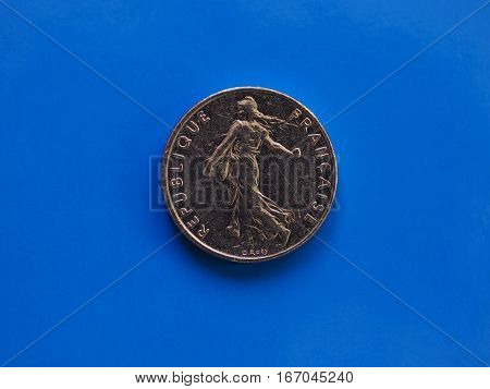 Half Franc Coin, France Over Blue
