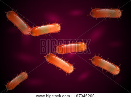 Orange 3d bacteria cell culture with flagellums under microscope. Biology Microbiology Science.