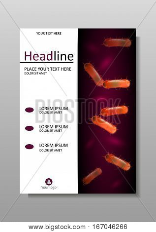 Orange 3d bacteria cell culture with flagellums under microscope. Biology Microbiology Science. Cover design A4 for books journals conferences medical reports banners. Vector.