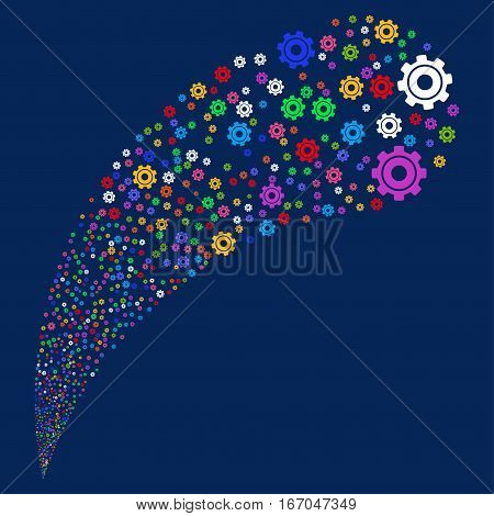 Cog random source stream. Vector illustration style is flat bright multicolored iconic symbols on a blue background. Object fountain combined from symbols.