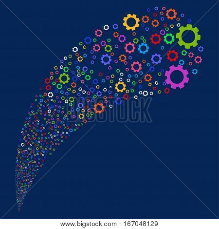 Gear random source stream. Vector illustration style is flat bright multicolored iconic symbols on a blue background. Object fountain constructed from icons.