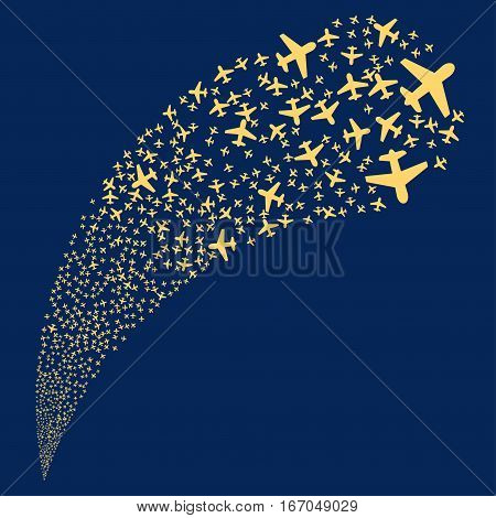 Airplane random source stream. Vector illustration style is flat yellow iconic symbols on a blue background. Object fountain combined from pictographs.