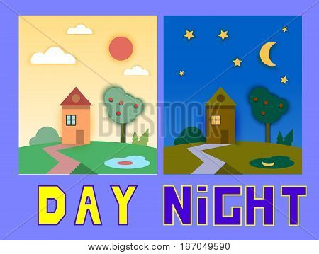 Day and night houses with trees. Concept flat style vector illustration.