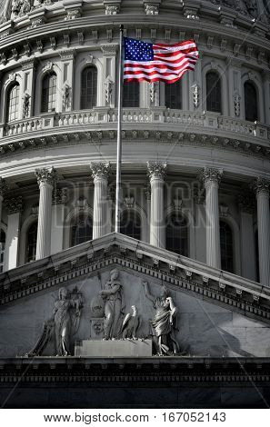 United States Capitol Building in Whashington DC with Flag