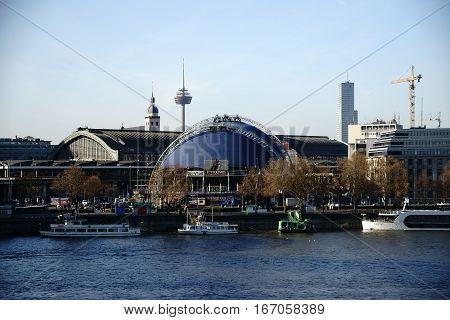 COLOGNE, GERMANY - NOVEMBER 24:  The musical house and the main station in the city center and behind the river Rhine on November 24, 2016 in Cologne.