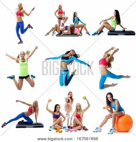 Young women doing fitness running, jumping with skipping rope and posing with fitball and dumbbells collage