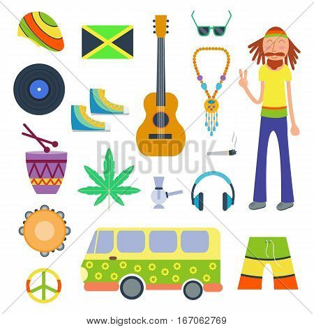 Rastafarian icons set in flat style. Marijuana smoking equipment collection vector illustration. Medicine narcotic symbols plant rastaman design.