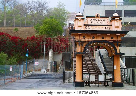 LOS ANGELES, CALIFORNIA-OCT 3, 2016: Entrance to the landmark Angels Flight in the Bunker Hill District, a car funicular railway system.