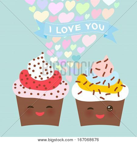I love you Card design with chocolate Cupcake Kawaii funny muzzle with pink cheeks and winking eyes pastel colors on light blue background. Vector illustration