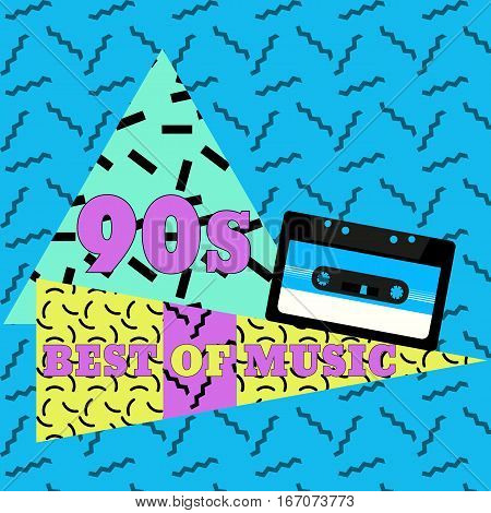 Best of music. Audiocassette geometric elements. Vector illustration in 80s-90s memphis style.