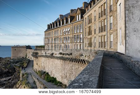 Fortification stone walls of Saint-Malo city in september, Bretagne France