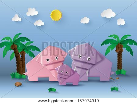 Origami made elephant in the jungle.paper art style