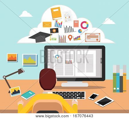 Student studying on computer College supplies. E-learning concept illustration for web banner element template or infographics
