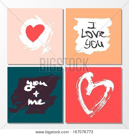 Vector Collection Of 4 Cute Valentines Card Templates. Hand Drawn Elements By Brush. Happy Valentine