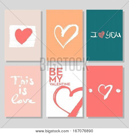Vector Collection Of 6 Cute Valentines Card Templates. Hand Drawn Elements By Brush. Happy Valentine