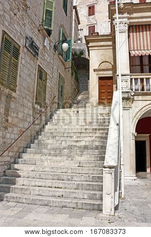 Narrow passage in Sibenik. Sibenik is historic old town on the Adriatic coast of Croatia