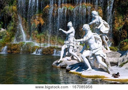 Caserta, Italy - March 9,2008:  The marble group of a fountain in the park of the Royal Palace