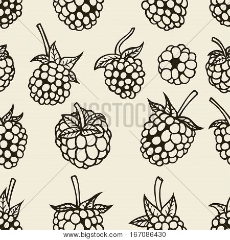raspberry blackberry with leaves seamless pettern on isolated on white background for site, blog, coloring book, fabric. Vector